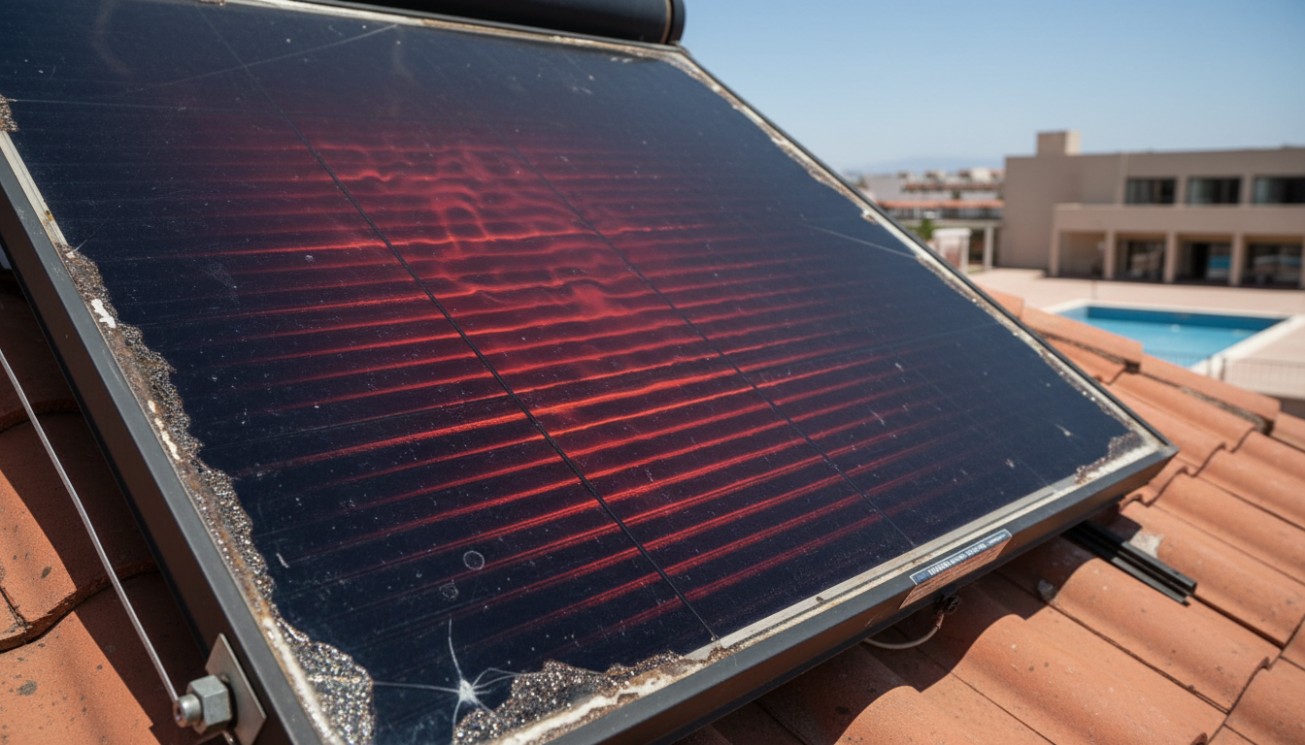 Flat plate solar collector overheating under strong sunlight showing stagnation risk and heat stress in low-demand solar hot water systems